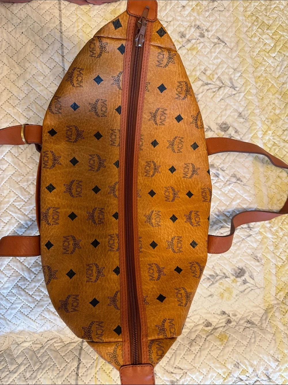 EUC MCM Visetos Leather Duffle Bag in Cognac Brown No Crossbody Strap